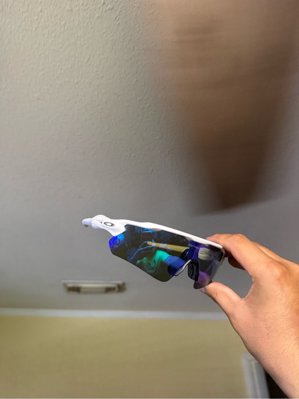 Oakley White Frame Sunglasses with Blue-Purple Mirrored Lens oq